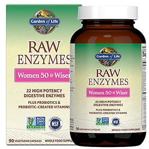 Garden of Life Vegetarian Digestive Supplement for Women 50 & Wiser - Raw Enzymes for Digestion, Bloating, Gas, and IBS, 90 Capsules - Packaging May Vary