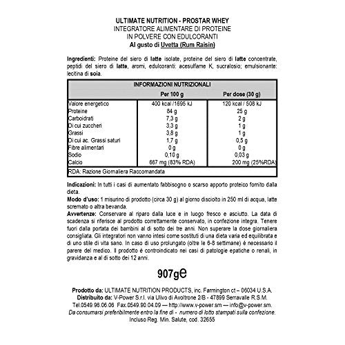 Ultimate Nutrition Prostar Whey Protein Powder Blend of Whey Concentrate Isolate and Peptides – Low Carb, Keto Friendly, 25 Grams of Protein - 30 Servings, Rum Raisin, 2 Pounds