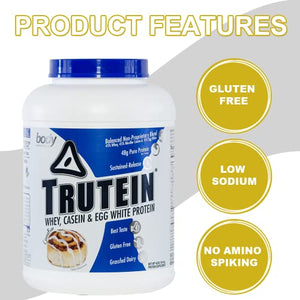 Body Nutrition Protein Powder - Trutein Cinnabun 4lb Whey, Casein & Egg White - Natural Low Carb Keto Friendly Drink - Lean Muscle Builder, Weight Loss, Workout, Recovery