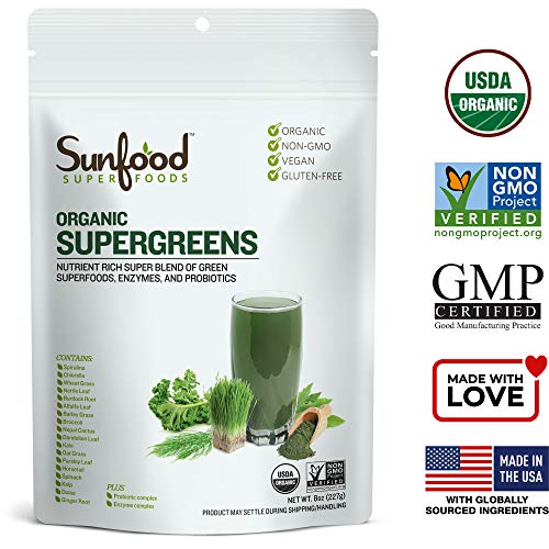 Sunfood Supergreens Powder | Organic Blend of 19 Green Superfoods, Probiotic, Enzymes, Protein & Fiber | Spirulina & Chlorella 1st Ingredients | 8 oz Bag