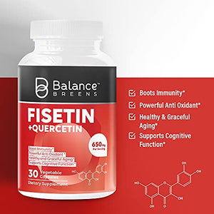 Balance Breens Fisetin + Quercetin 650mg - Supports Cognitive Function, Vitamin Supplement for Graceful Aging - Immune Support Powerful Antioxidant - 30 Non-GMO Vegan Capsules