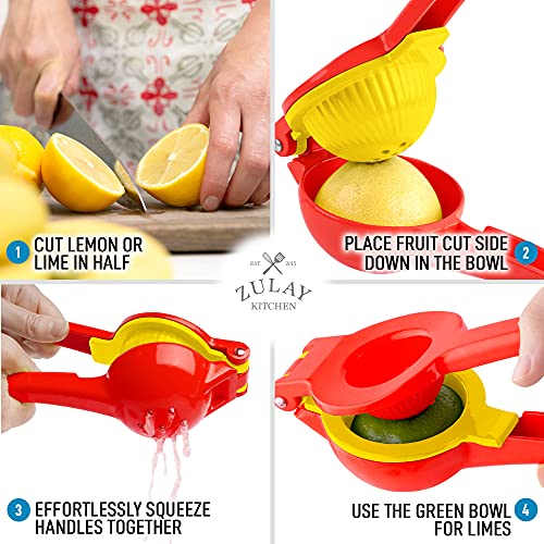 Zulay Metal 2-In-1 Lemon Lime Squeezer - Hand Juicer Lemon Squeezer - Max Extraction Manual Citrus Juicer (Bright Red and Yellow)