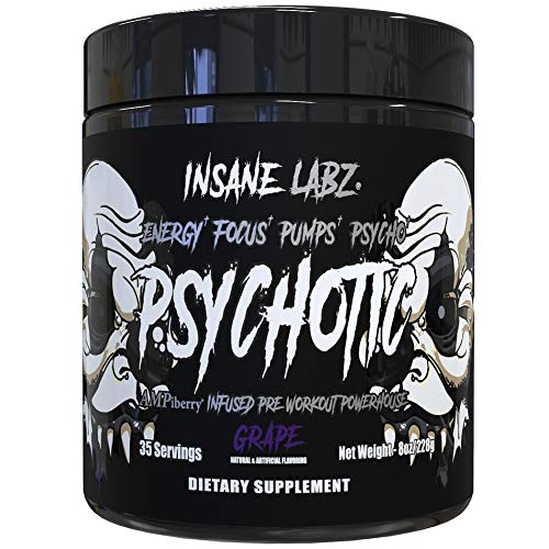 Insane Labz Psychotic Black Edition Mid Stimulant Pre Workout Powder, Energy Focus Pumps, Loaded with Creatine Beta Alanine Taurine Fueled by AMPiberry, 35 Servings Grape