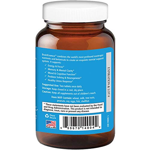 Pure Essence Labs Brain Essence - Memory Supplement & Vitamin for Men, Women & Adults - Herbal Booster for Memory, Focus, Clarity & Stress Relief - Bacopa Monnieri, Ashwagandha & More (60 Tablets)