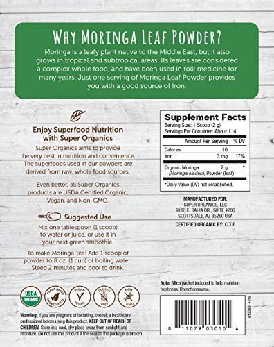 Super Organics Moringa Leaf Powder | Organic Superfood Powder | Raw Superfoods | Whole Food Supplement | Good Source of Iron – Vegan, Non-GMO & Gluten-Free, 8 oz