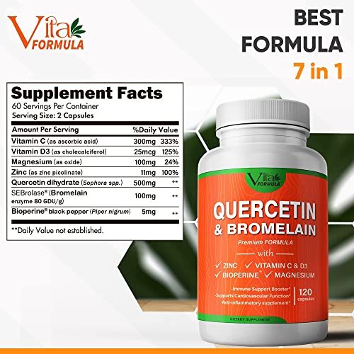 VITA FORMULA Quercetin with Bromelain Supplement, 500mg Vitamin C, Zinc, D3, Magnesium, BioPerine, Extra Strength Immune Support Joint and Respiratory Health Capsules, 120-Ct.