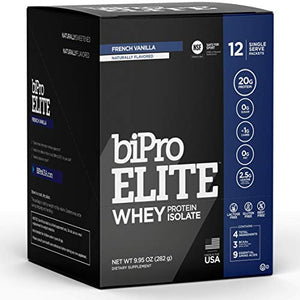 BiPro Elite to-Go 100% Whey Protein Powder Isolate for High-Intensity Fitness, French Vanilla, 12 Single-Serve Packets - Approved for Sport, Sugar Free, Suitable for Lactose Intolerance, Gluten Free