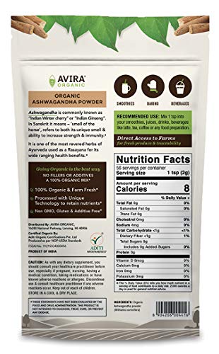 Avira Organic Ashwagandha Powder, Indian Ginseng, Allergen Free, Vegan, Non-GMO, Super Food, Easy to Mix in Smoothies, Baking, Tea & Lattes, Reseabales Bag, Off White, 4 Oz