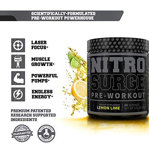 NITROSURGE Black Pre Workout Supplement - Nootropic Energy Booster Powder w/Dynamine & TeaCrine - PreWorkout Nitric Oxide Booster - 30 Servings, Lemon Lime