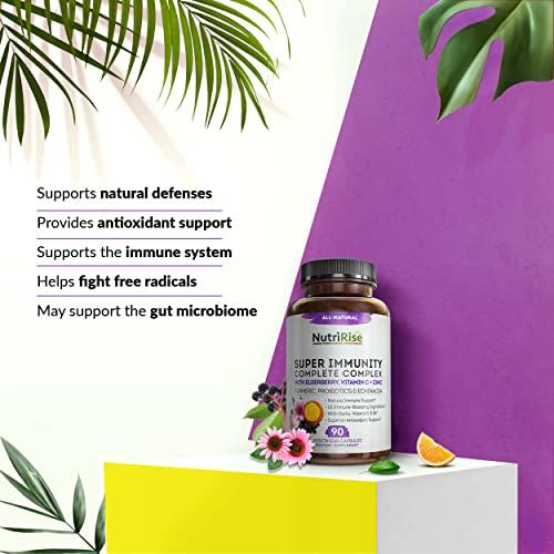Immunity Complex Immune Support Supplement - 10 Super-Concentrated Ingredients: Vitamin C E B6 Zinc L-Glutamine Elderberry Echinacea Garlic Turmeric Curcumin 7.2 Billion CFU Probiotics For Men & Women