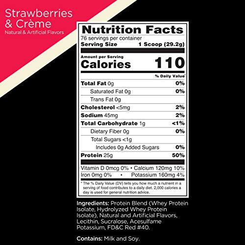 Rule One Proteins, R1 Protein - Strawberries and Crème, 25g Fast-Acting, Super-Pure 100% Isolate and Hydrolysate Protein Powder with 6g BCAAs for Muscle Growth and Recovery, 5 Pounds, 76 Servings