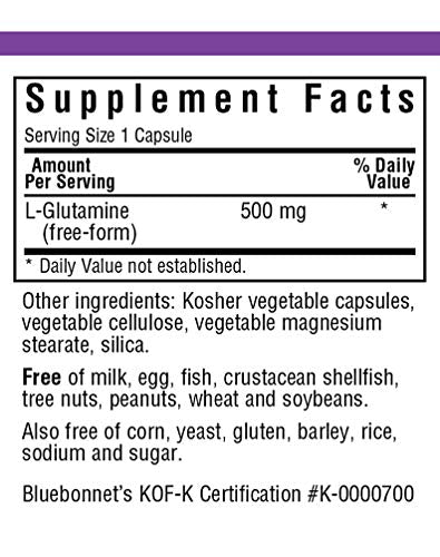 Bluebonnet Nutrition L-Glutamine 500mg, Supports Immune Function*, Nitrogen Transporter*, Soy-Free, Gluten-Free, Non-GMO, Kosher Certified, Vegan, 100 Vegetable Capsules, 100 Servings