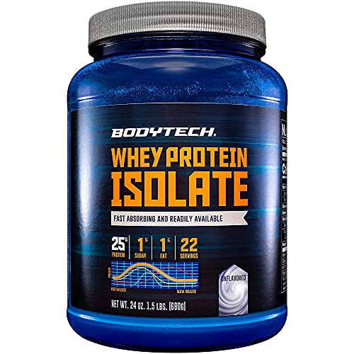 BodyTech Whey Protein Isolate Powder with 25 Grams of Protein per Serving BCAA's Ideal for PostWorkout Muscle Building Growth, Contains Milk Soy Unflavored (1.5 Pound)