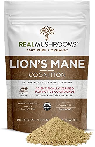 Real Mushrooms Lions Mane Powder (60 Servings) | Vegan, Gluten-Free, Organic Lions Mane Extract | Support Cognitive and Immune Health | Scientifically Verified for Active Compounds