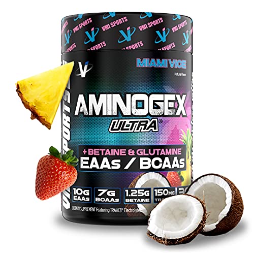 VMI Sports | Aminogex Ultra | BCAA Powder | Amino Acids + Betaine and Glutamine | Amino Acid Post Workout Recovery Drink | Intra Workout Drink with TRAACS Electrolytes | (Miami Vice, 30 Servings)