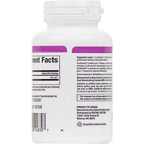 Stress-Relax Suntheanine L-Theanine 125 mg by Natural Factors, Non-Drowsy Stress Support for Mental Calmness and Relaxation, 60 capsules (30 servings)