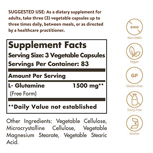 Solgar L-Glutamine 500 mg, 250 Vegetable Capsules - Natural Muscle Food - Promotes Gastrointestinal (GI) Health - Supports Brain Health - Non-GMO, Vegan, Gluten Free, Dairy Free