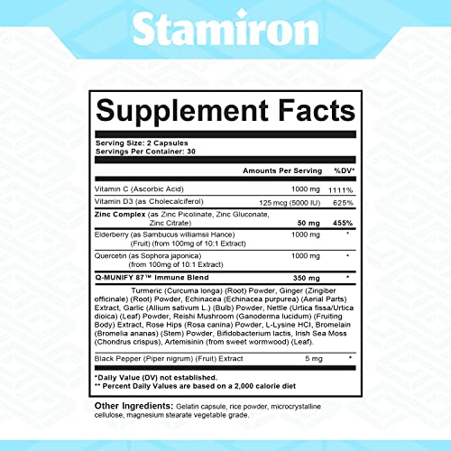 Quercetin Zinc Vitamin C Bromelain Supplement Immune Support Defense w Vit D3 5000IU Elderberry 1000mg Artemisinin Sea Moss Turmeric Ginger Probiotics Echinacea Garlic Nettle Reishi L Lysine -USA 60ct