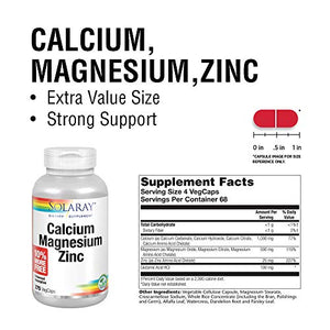 Solaray Calcium Magnesium Zinc, Strong Bones & Teeth, Heart, Nerve & Immune Function Support, 68 Servings, 275 VegCaps