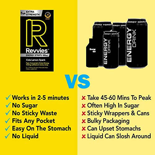 Revvies Extra Strength Energy Strips | Cola Lemon | 15 Strips | 100mg Caffeine Strip | 1 Strip = 1.25 x Energy Drink | Less Than 2 Calories | Vegan | 3 x 5PK