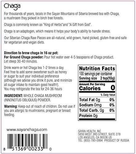 Sayan Siberian Raw Ground Chaga Powder 2.2 Lbs (1Kg) - Wild Forest Mushroom Tea, Powerful Adaptogen Antioxidant Supplement, Support for Immune System, Digestive Health + Helps Inflammation Reduction
