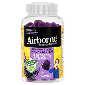 Airborne Elderberry + Zinc & Vitamin C Gummies For Adults, Immune Support Zinc Gummies with Powerful Antioxidants Vit C D & E - (50 count bottle), Delicious Elderberry Flavor