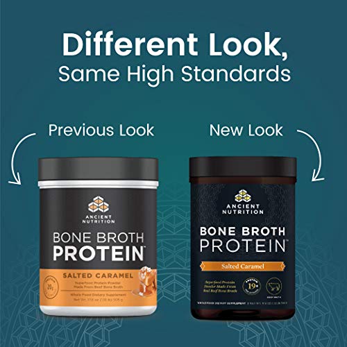 Bone Broth Protein Powder by Ancient Nutrition, Salted Caramel, 19g Protein per Serving, Beef, Supports Healthy Skin, Gut Health, Joint Supplement, Gluten Free, Paleo and Keto Friendly, 20 Servings