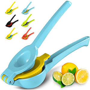 Zulay Metal 2-In-1 Lemon Lime Squeezer - Hand Juicer Lemon Squeezer - Max Extraction Manual Citrus Juicer (Blue Yellow)