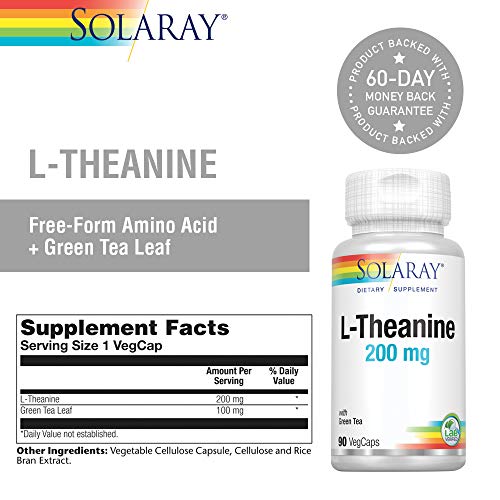 Solaray L-Theanine 200mg w/Green Tea Leaf 100mg | Relaxation, Stress, Mood & Focus Support w/Out Drowsiness | Lab Verified | 90 VegCaps