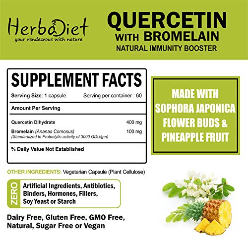 Quercetin with Bromelain 500mg | Immune System Support Heart Health Anti-oxidant Joint Support Supplement | Non-GMO, Vegan, Gluten Free Capsules (2 Capsules)