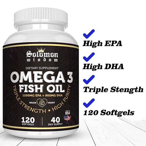 Solomon Wisdom Omega 3 Fish Oil - Dietary Supplement for Healthy Heart & Brain - 120 Soft Gel Capsules with High EPA 1200mg & DHA 900mg - Burpless, Odorless with Natural Lemon Flavor - Made in the USA