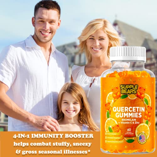 Supplebears Quercetin with Bromelain Gummies - Vitamin C + Zinc & Vitamin D3 – Extra Strength Immune Support Booster for Kids and Adults - 60 Quercetin Gummies - Made in The USA