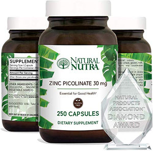 Natural Nutra Zinc Picolinate 30 mg, Double Strength, Raw and Pure, Highly Bioavailable Supplement for Growth, Immune and Thyroid Support, 250 Capsules (2 Pack)