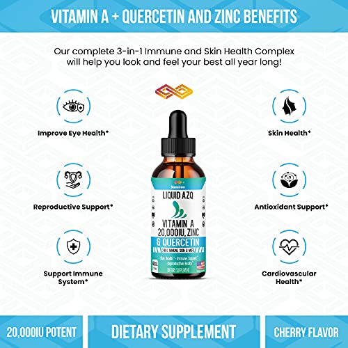 Vitamin A Liquid Zinc Drops Quercetin Supplement 20,000 IU - Immune Defense Immunity Vitamins Supplement Support Booster - VIT AZQ for Skin Health, Eye, Vision, Reproductive & Antioxidant Support