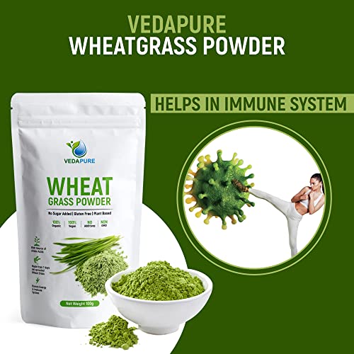 Vedapure 100% Natural Wheat Grass Powder Helps BuiIding lmmunity & Energy (100 g)