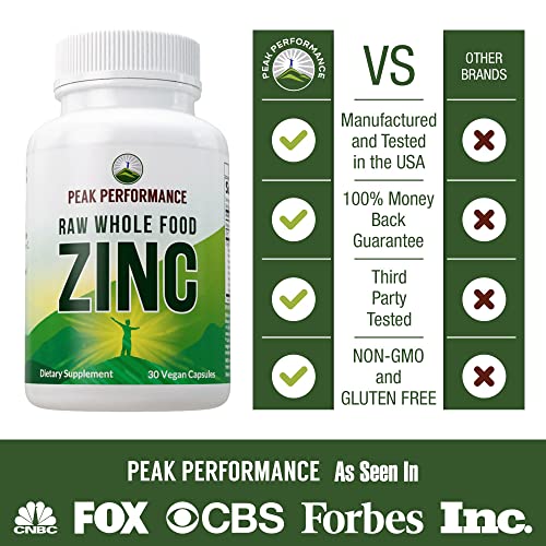 Raw Whole Food Best Vegan Zinc Supplement with Vitamin C. Zinc Supplements by Peak Performance. High Potency Pure Zinc 30mg Capsules, Pills, Tablets, Vitamins for Adults Both Men and Women