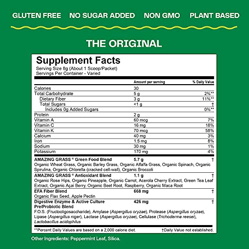 Amazing Grass Greens Blend Superfood: Super Greens Powder with Spirulina, Chlorella, Beet Root Powder, Digestive Enzymes, Prebiotics & Probiotics, Original, 60 Servings (Packaging May Vary)