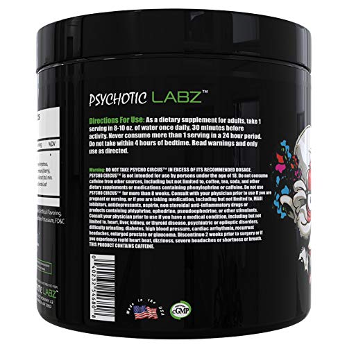 Psychotic Labz Psycho Circus High Stim Pre Workout Powder, Energy Focus Strength Pumps, Loaded with Beta Alanine Creatine Caffeine Ampiberry Dmae Bitartrate, 30 Srvgs, Cotton Candy