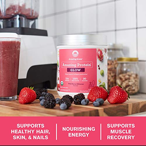 Amazing Grass GLOW Vegan Collagen Support with Biotin, Beet Root & Plant Based Protein Powder, Wild Berry Hibiscus, 15 Servings, 11.6 Ounce (Pack of 1)