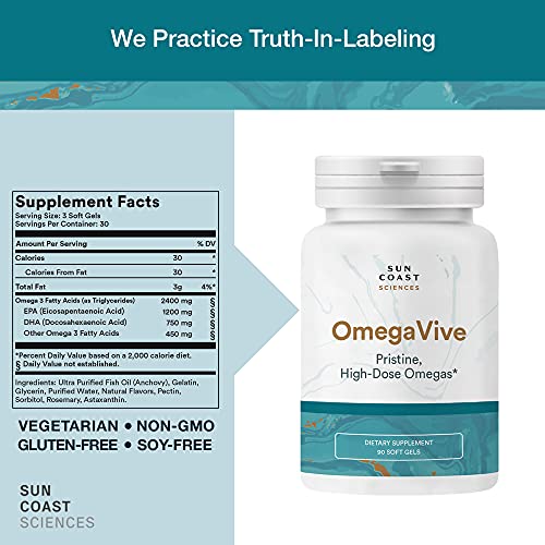 Sun Coast Sciences OmegaVive - Pure Fish Oil with Omega 3 EPA and DHA - 90 Vegetarian Softgels - Supports Skin Health and Overall Wellness and Vitality - Lemon Lime Flavor - Made in USA