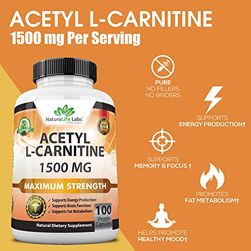 Acetyl L-Carnitine 1,500 mg High Potency Supports Natural Energy Production, Supports Memory/Focus - 100 Veggie Capsules