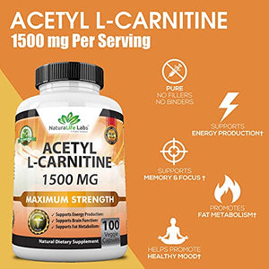 Acetyl L-Carnitine 1,500 mg High Potency Supports Natural Energy Production, Supports Memory/Focus - 100 Veggie Capsules