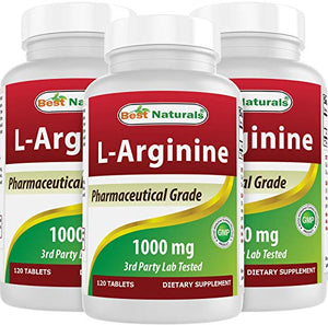 3 Pack - Best Naturals L-Arginine 1000 mg 120 Tablets - Pharmaceutical Grade L Arginine Supplement Promotes Nitric Oxide Synthesis (Total 360 Tablets)