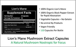 Organic Lions Mane Mushroom Capsules – Plus Bioperine Black Pepper Extract Absorption Enhancer, Nootropic Brain Supplement, Boost Neuron Growth & Your Immune System for Clarity & Focus (120 Capsules)