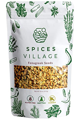 SPICES VILLAGE Fenugreek Seeds [8 oz] - Fenugreek Seeds for Hair Growth, All Natural Dried Indian Methi Seed for Cooking - Kosher Certified, Gluten Free, Resealable Bulk Bag
