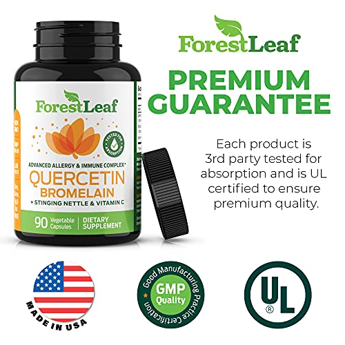 Quercetin 500mg with Bromelain, Vitamin C and Stinging Nettle – Advanced Sinus and Allergy Supplement – Natural Vegetable Capsules – Non GMO, Dairy, Gluten, Egg and Nut Free - by ForestLeaf (90)