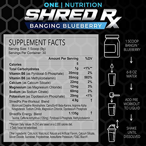 Shred Rx Pre-Workout Powder with High-Dose Energy, Focus, Strength, and Endurance - Blueberry - 30 Servings