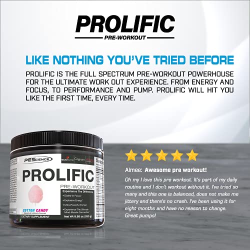 PEScience Prolific Pre Workout, Cotton Candy, 40 Scoop, Energy Supplement with Nitric Oxide