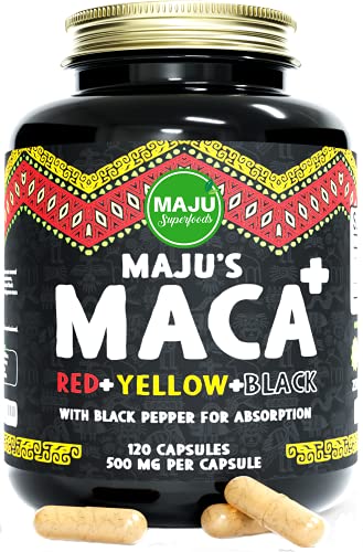 Strong Organic Maca Capsules, Black, Yellow & Red Root w/ Black Pepper Extract for Absorption, Roots Grown in Peru, Peruvian Powder, Men & Women Supplement, 60,000 mg