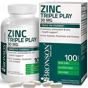 Bronson Zinc Triple Play 30 mg Triple Coverage Immune Support Zinc Supplement with Zinc Acetate, Picolinate & Orotate - Immune, Antioxidant & Skin Health Support - 100 Vegetarian Capsules